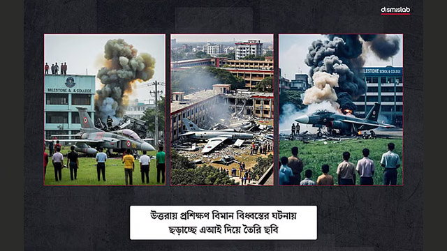উত্তরায় বিমান বিধ্বস্তের ছবি বলে দাবি করে ফেসবুকে পোস্ট করা এসব ছবি আদতে এআই দিয়ে বানানোছবি: রিউমর স্ক্যানারের ফেসবুক পেজ